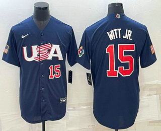 Mens USA Baseball #15 Bobby Witt Jr Number 2023 Navy World Baseball Classic Stitched Jerseys